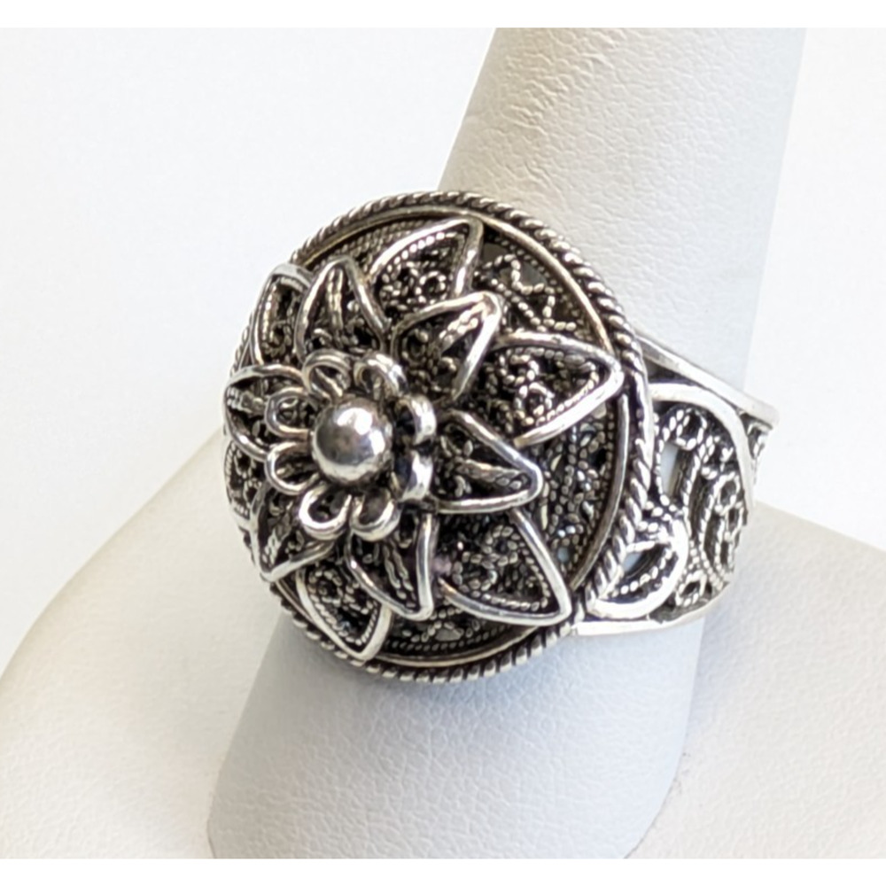 DGS Turkey Sterling Silver 925 3D Openwork Filigree Flower Sz 10 Statement Ring